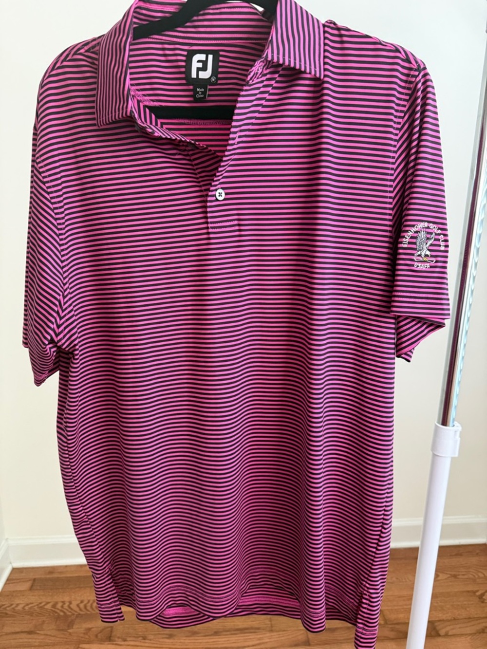 FootJoy Pink and Black Narrow Stripe Men’s Golf Polo Medium